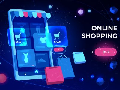 Online shopping landing page, smartphone screen with application icons for making purchases and customer order in internet, digital technologies for shops and stores, neon cartoon vector illustration